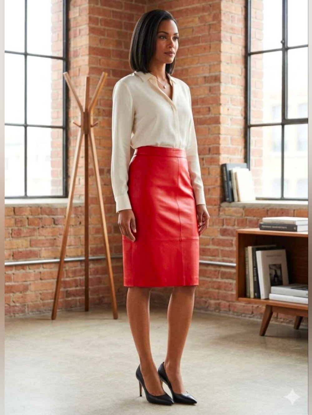 NWOT! Kenneth Cole New York Genuine Leather Red Lined Pencil Skirt Back Slit 4